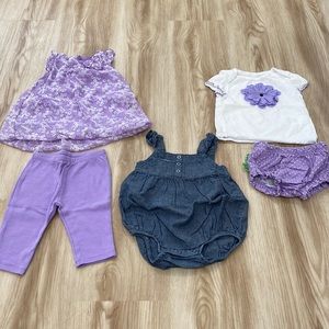 Small wonders 3-6m outfits. Purple top with flowers. Denim onesie. Flower bottom
